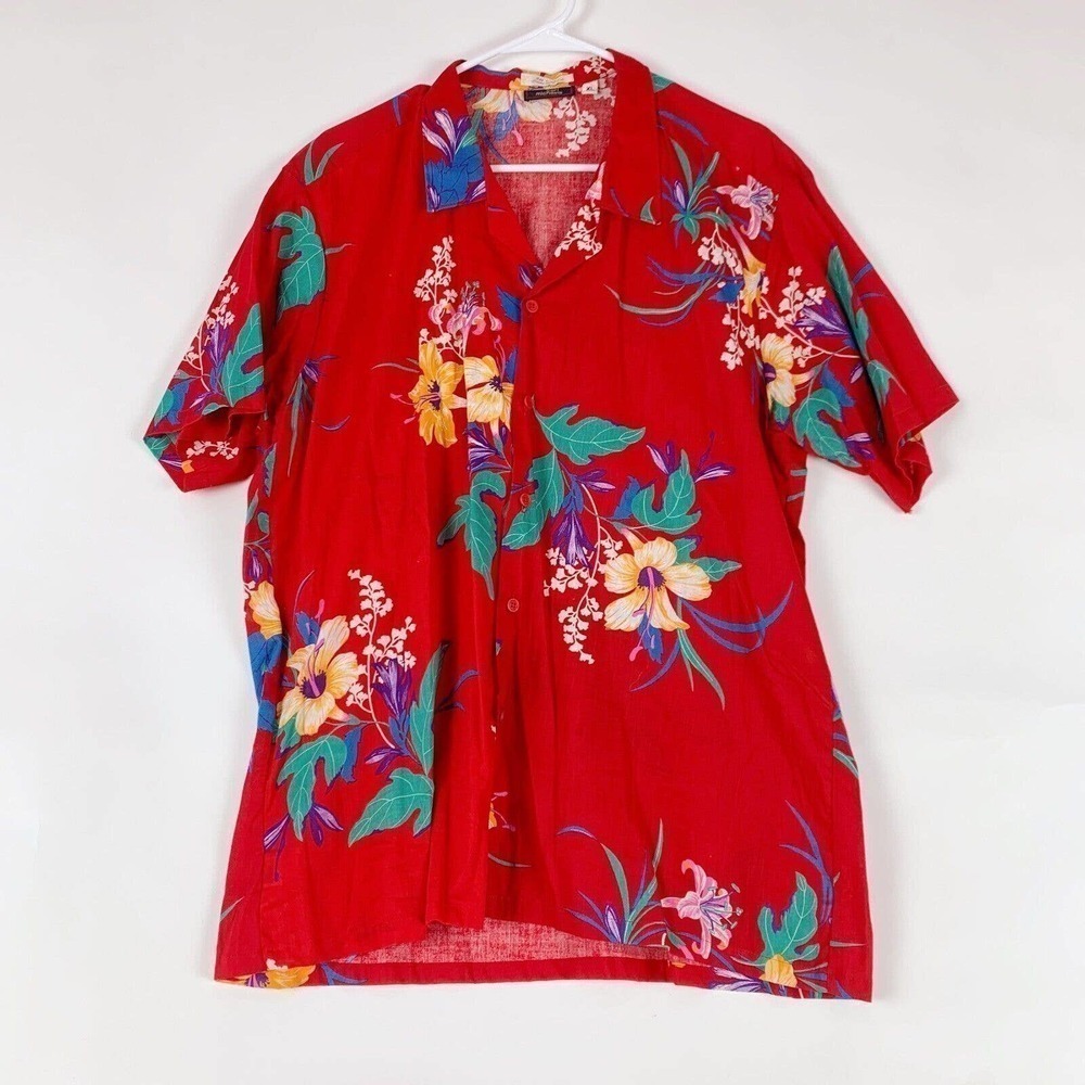 Vintage 90s Carl Michaels Hawaiian Cotton Red Single Stitch Button Up Shirt XL